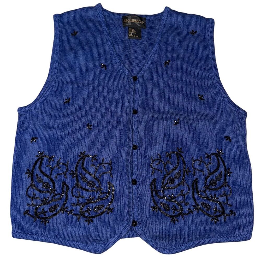Requirements Women's Vintage Blue Beaded Sweater‎ Vest Size L V-Neck Button-Up